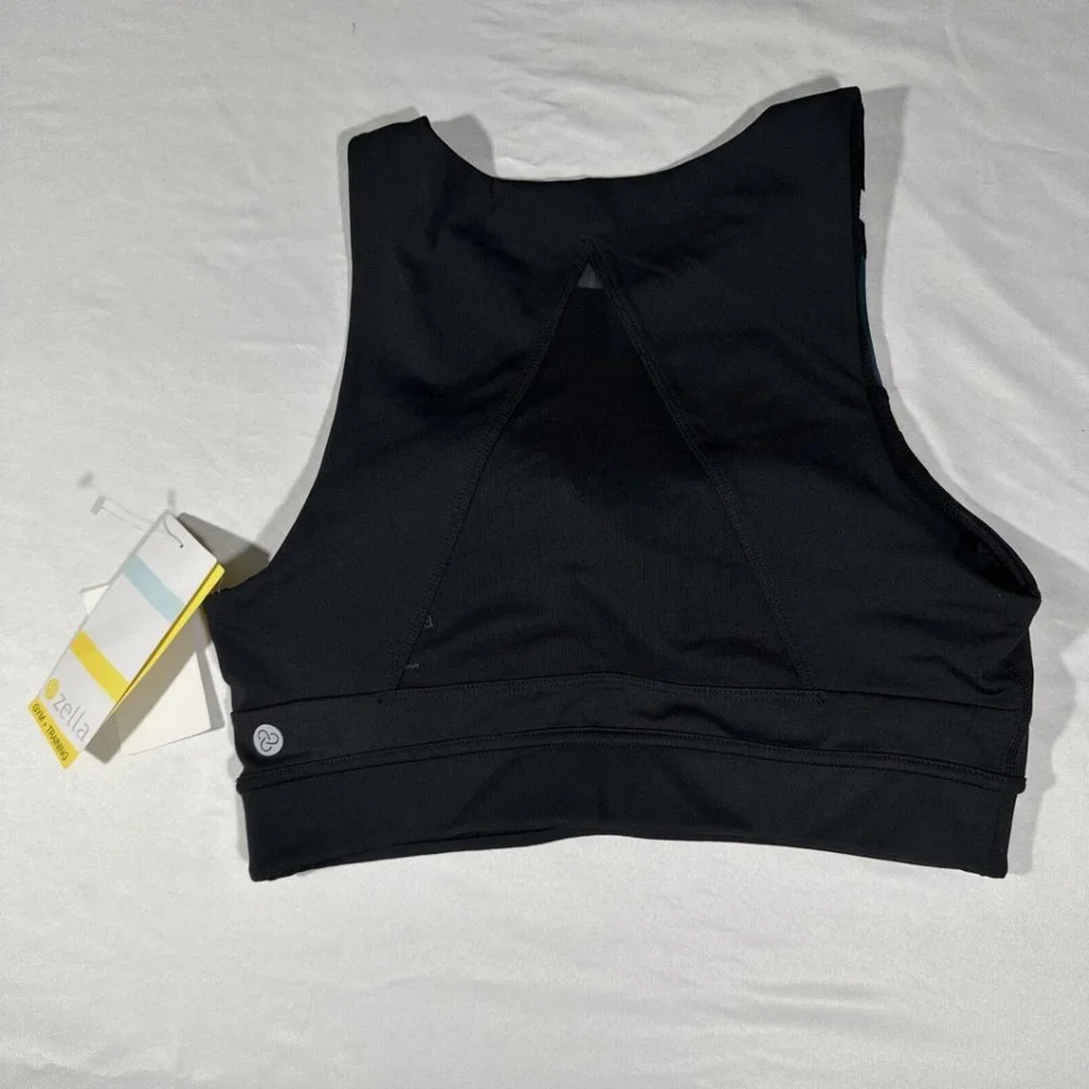 NWT Zella‎ [ Small ] High Neck Front Stripe Mesh Back Sports Bra in Black #6044